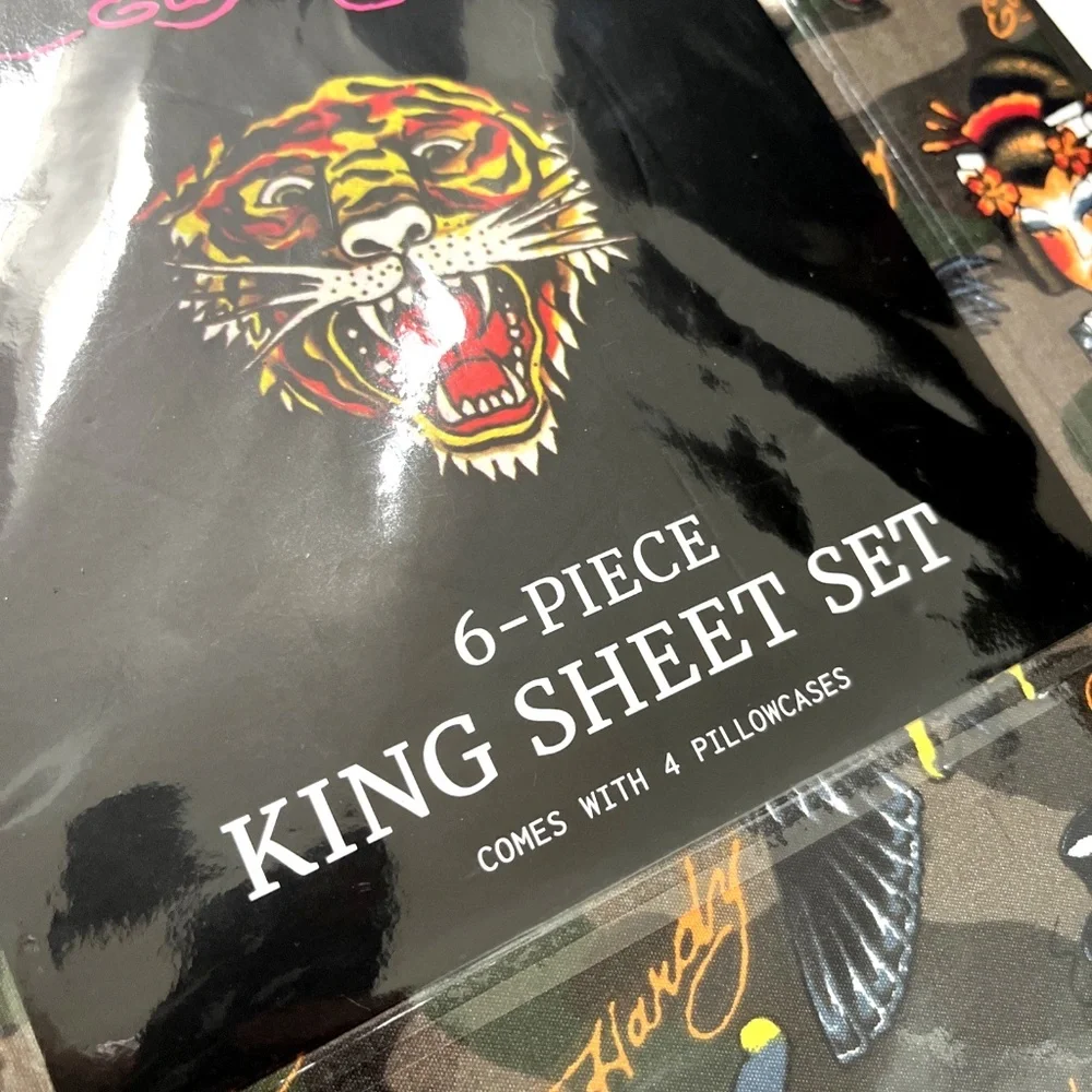 NWT Ed Hardy 6-Piece King Sheet Set Skull Geisha Tattoo Print King Bedding